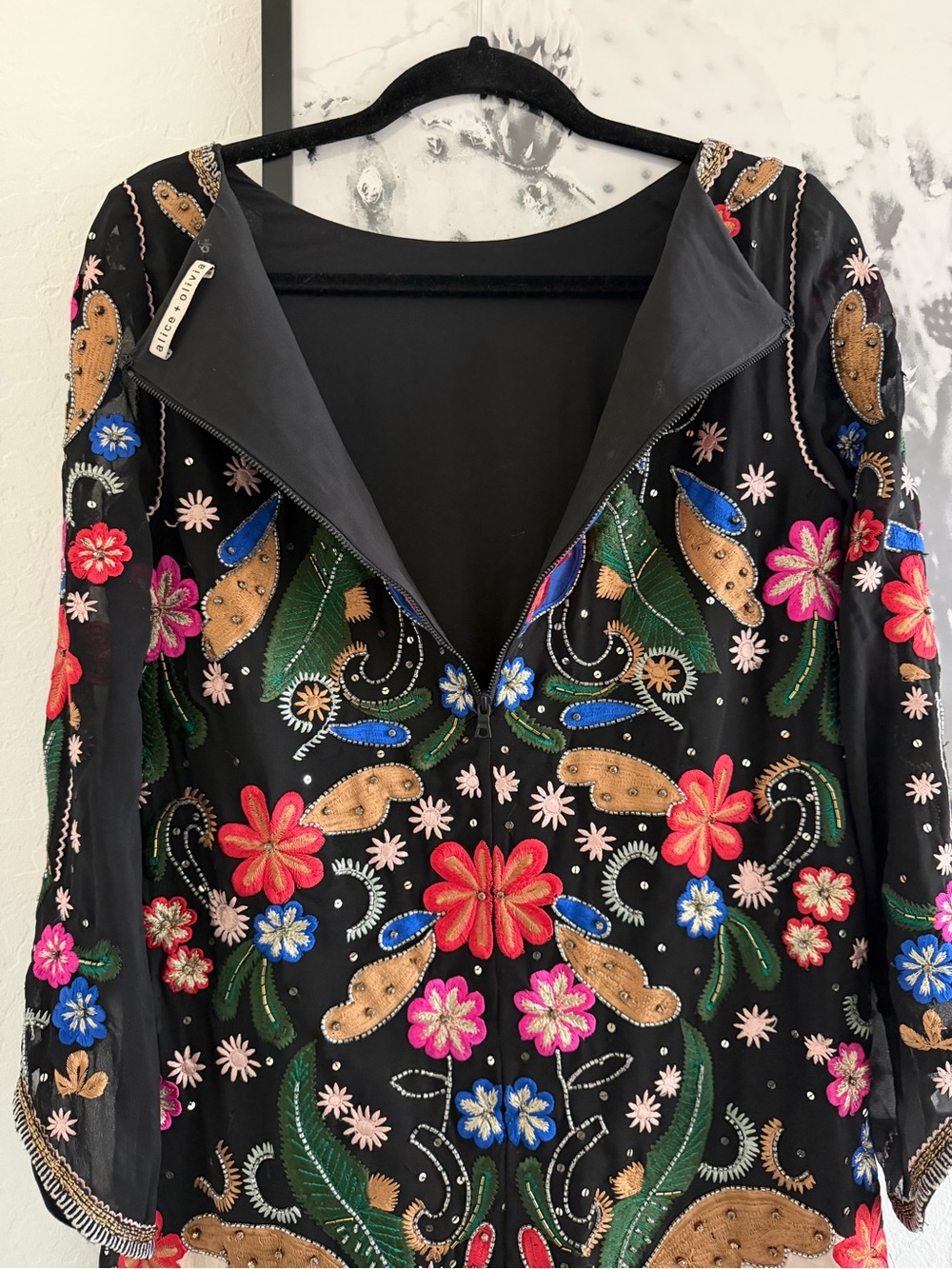 Alice + Olivia Eleonora Black Sequins Beaded Floral Mini Dress - Picture 11 of 16